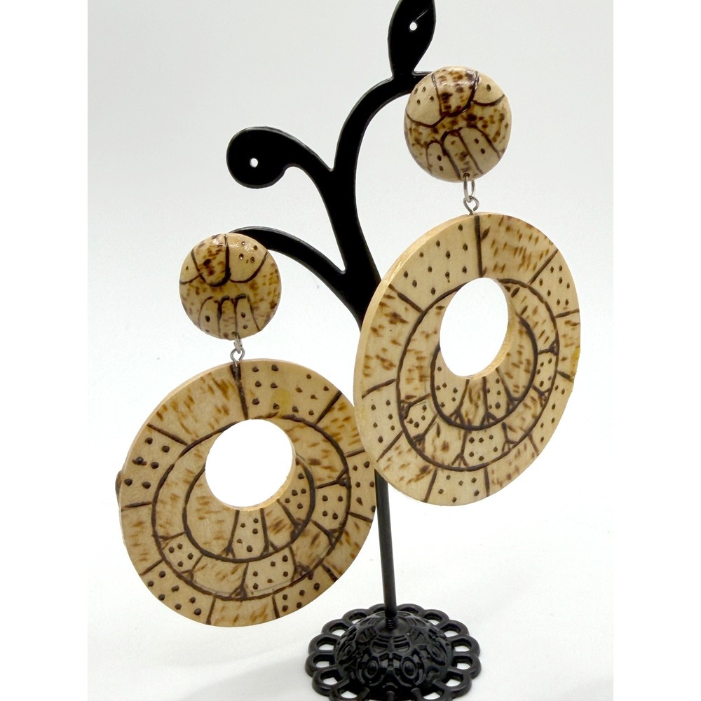 Oversized Wood Disc Dangle Earrings 3" Drop Lightweight Boho‎